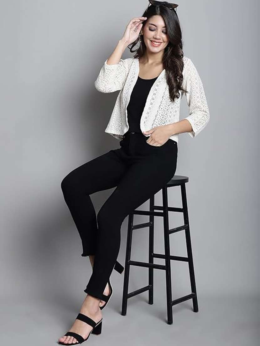 women solid three quarter sleeve lace shrug - 22292310 -  Standard Image - 3