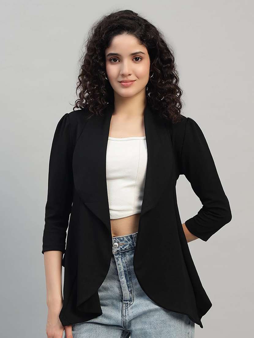 women solid three quarter sleeve casual blazer