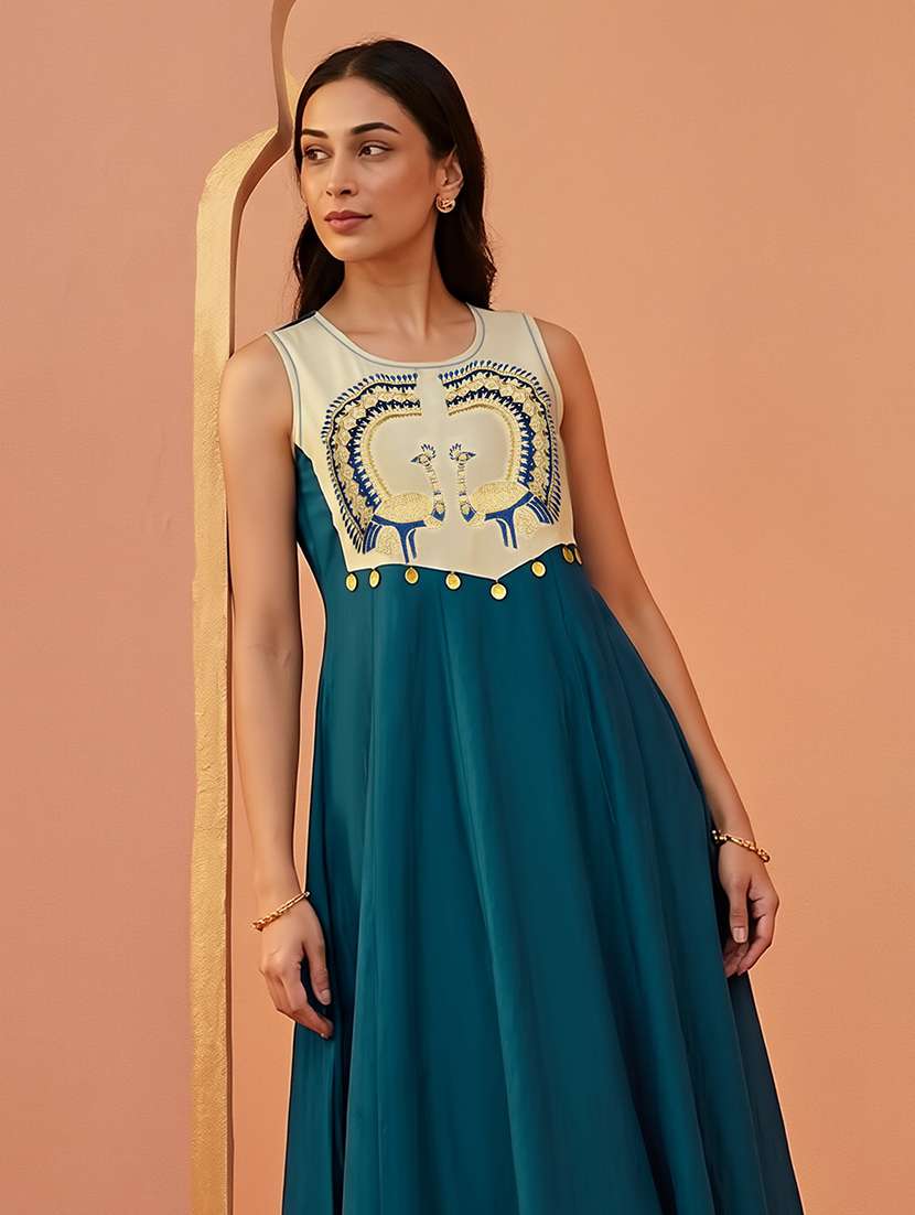 globus women blue round neck embroidered yoke coin detail a-line flared hem kurta & foil printed palazzo set - 22292579 -  Standard Image - 3