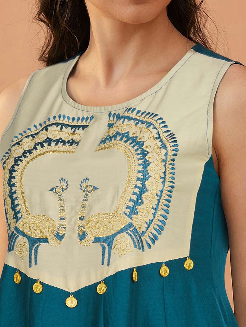 globus women blue round neck embroidered yoke coin detail a-line flared hem kurta & foil printed palazzo set - 22292579 -  Standard Image - 5