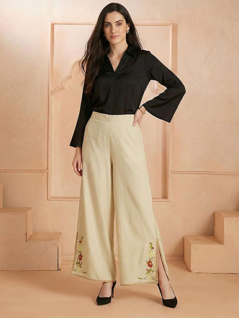 women embroidered hem mid rise flared palazzo - 22292584 -  Standard Image - 3