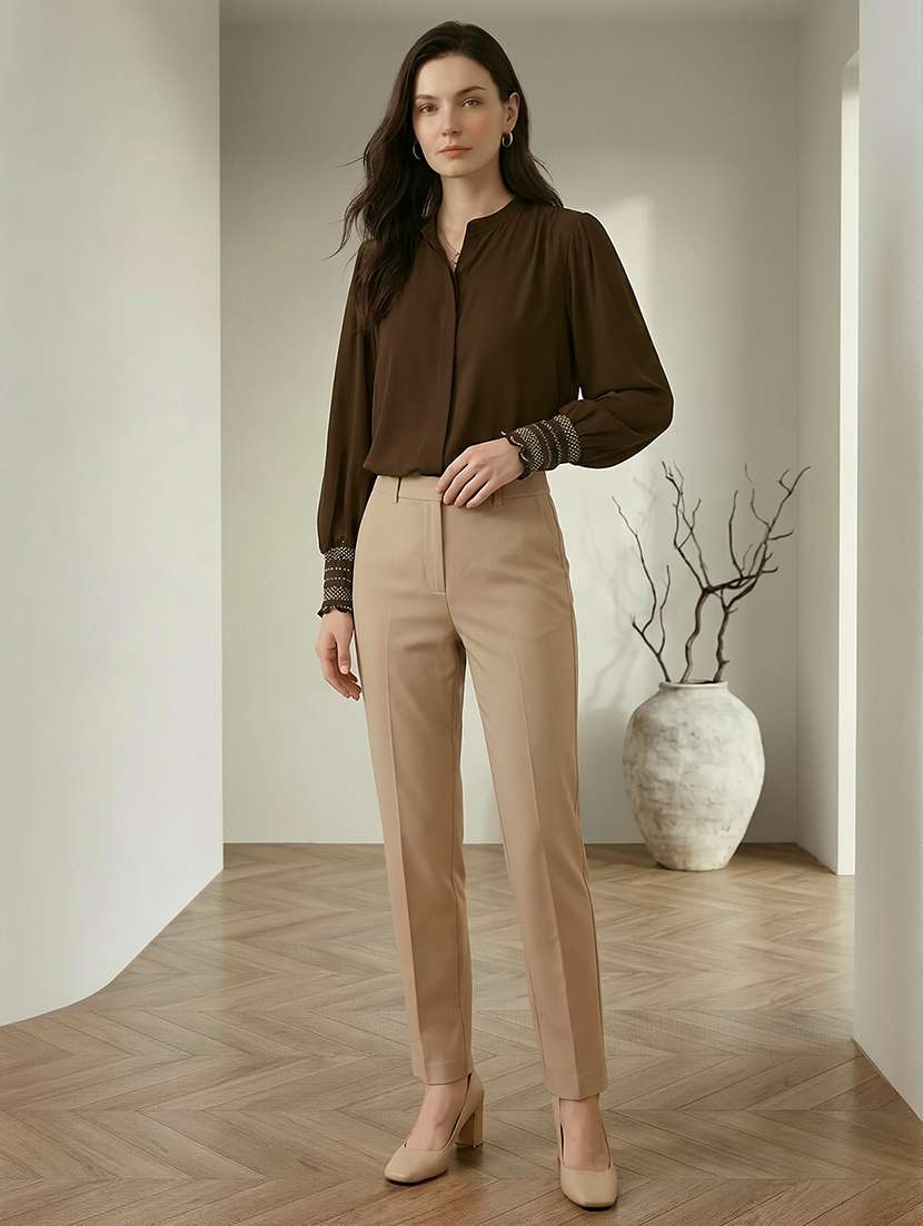 globus women brown mandarin collar elasticated emboridered sleeve relaxed fit straight hem shirt  - 22292590 -  Standard Image - 3