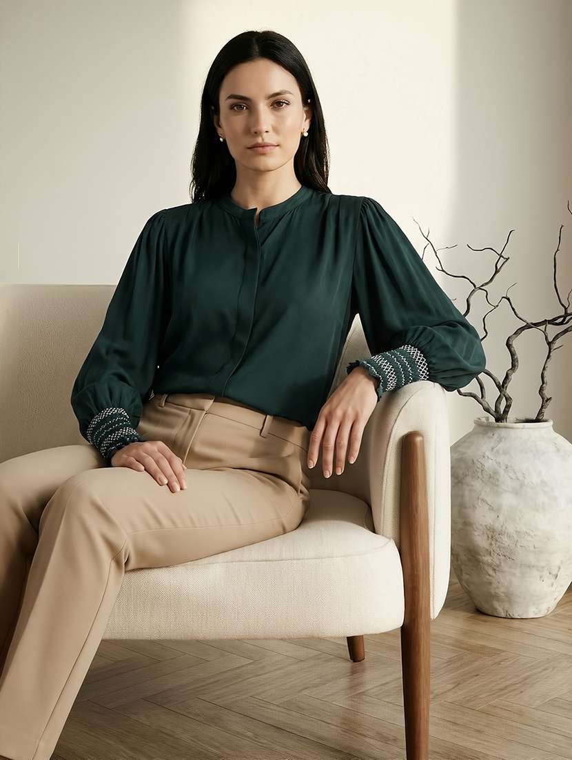 globus women green mandarin collar elasticated emboridered sleeve relaxed fit straight hem shirt 