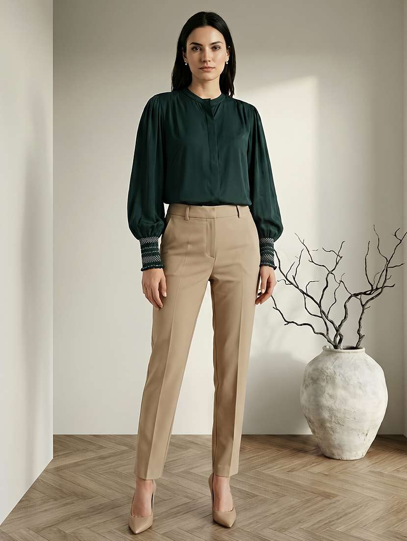 globus women green mandarin collar elasticated emboridered sleeve relaxed fit straight hem shirt  - 22292591 -  Standard Image - 3