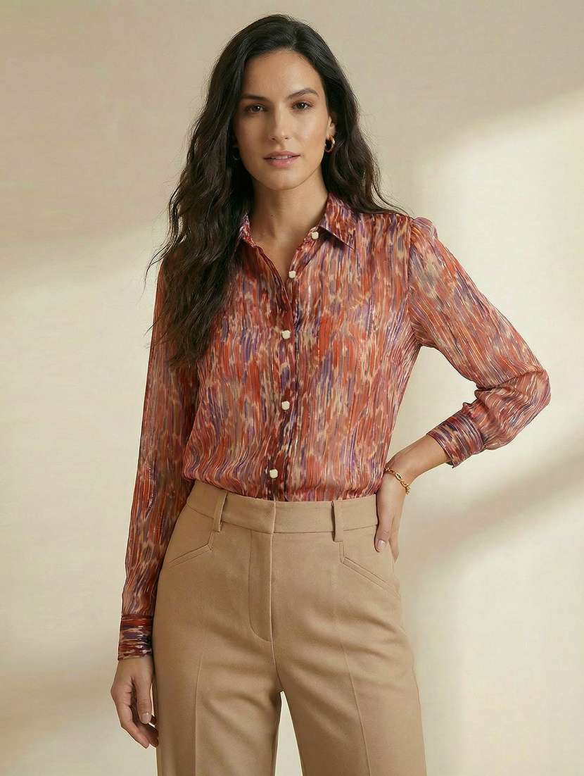 globus women maroon spread collar abstract print lurex details cuffed sleeves relaxed fit satin party shirt 
