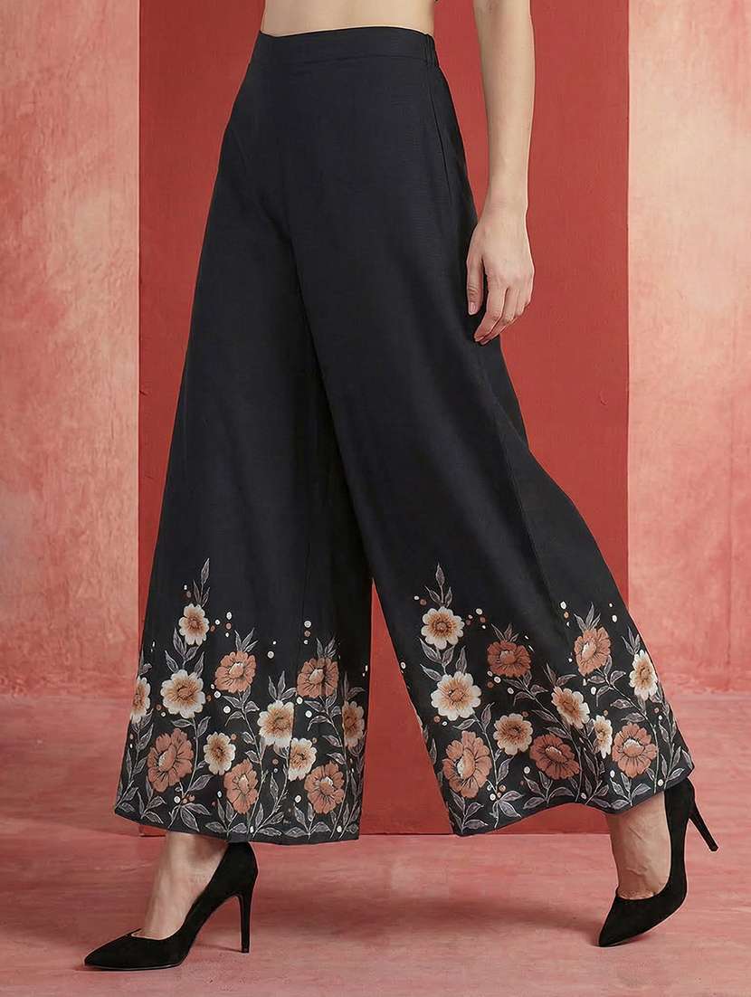 globus women black floral print collared neck shirt with flared hem wide leg pant fusion co-ord set - 22292599 -  Standard Image - 3