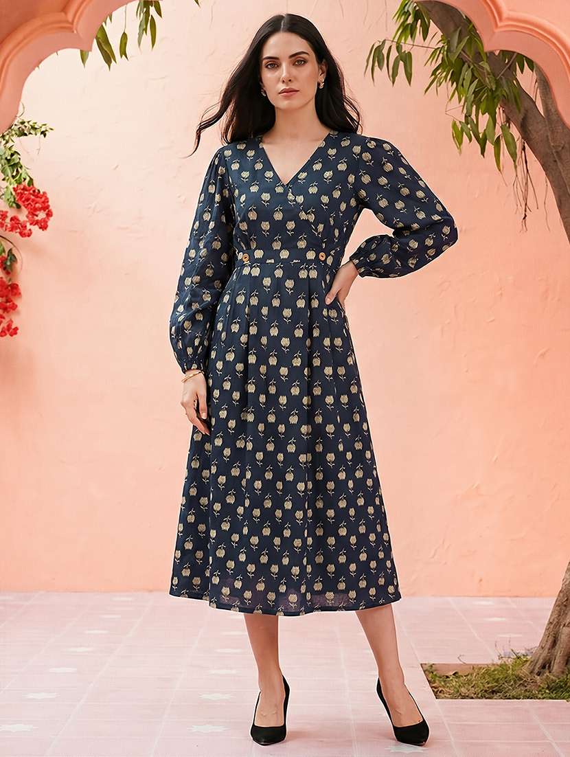 globus women blue allover floral printed v-neck bishop sleeves fit & flare midi dress