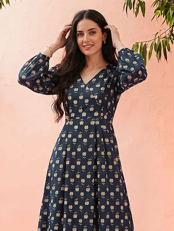 globus women blue allover floral printed v-neck bishop sleeves fit & flare midi dress - 22292601 -  Standard Image - 3