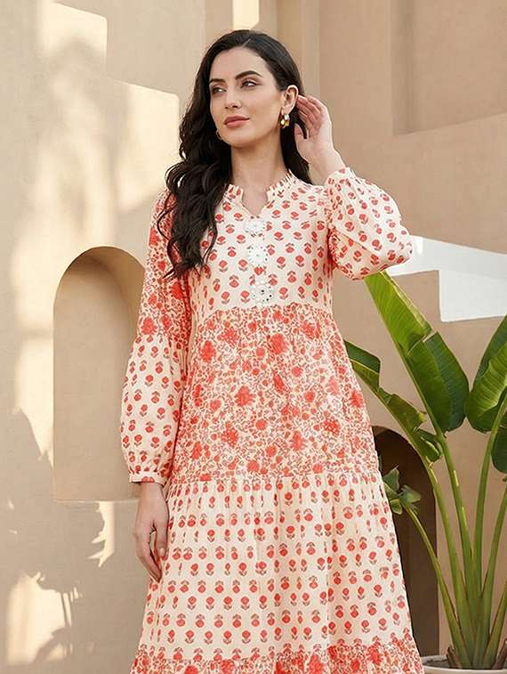 globus women off white floral printed mandarin collar bishop sleeves tiered fit & flare maxi fusion dress - 22292602 -  Standard Image - 3