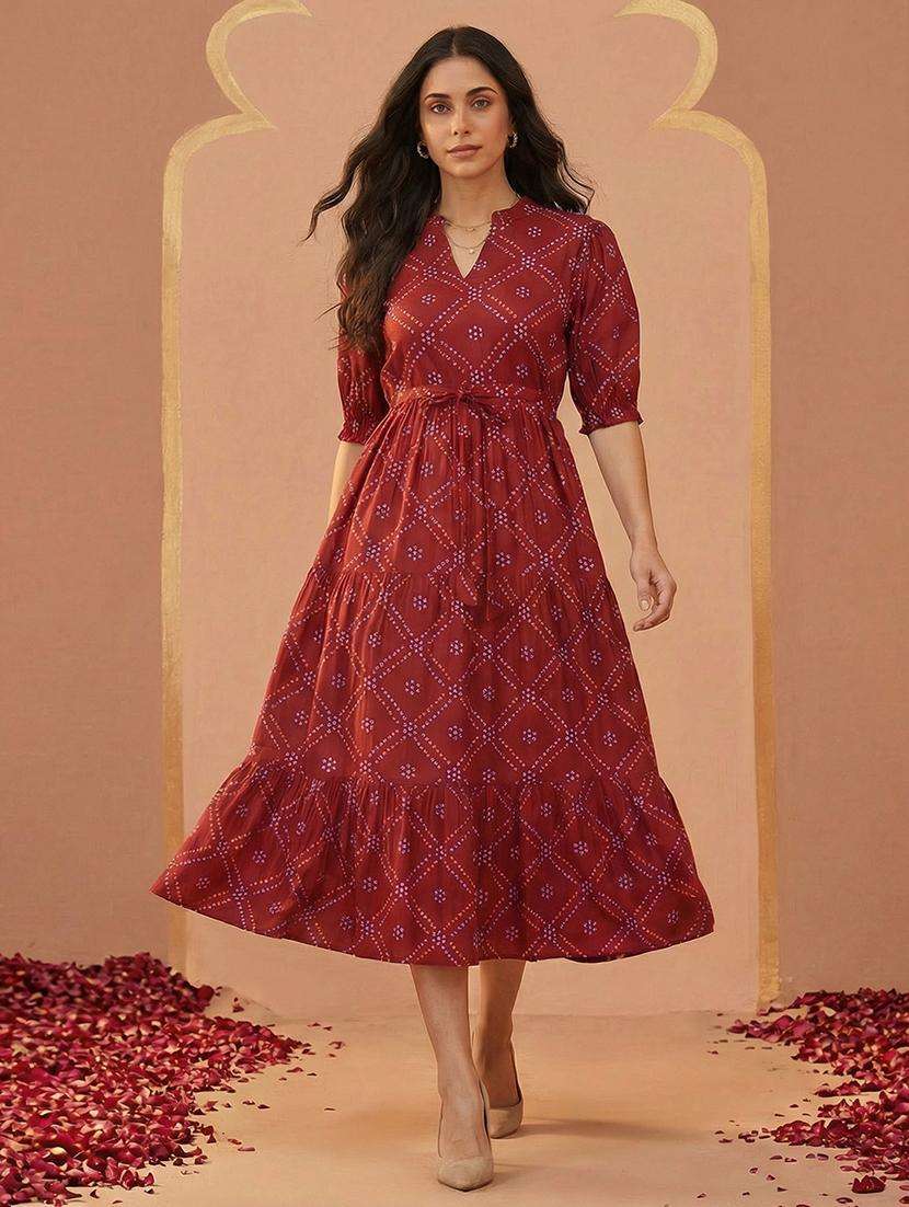 globus women red bandhani print mandarin collar puff sleeves waist tie-ups tiered fit & flare midi dress