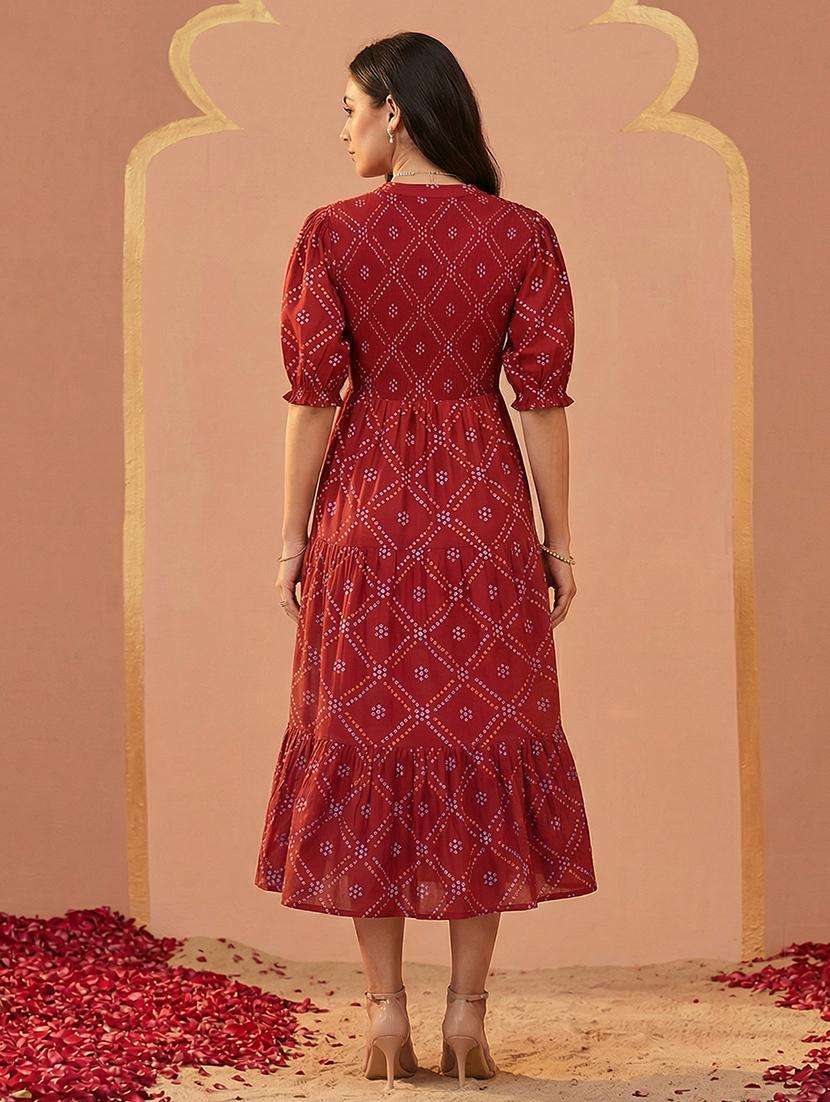 globus women red bandhani print mandarin collar puff sleeves waist tie-ups tiered fit & flare midi dress - 22292603 -  Standard Image - 3