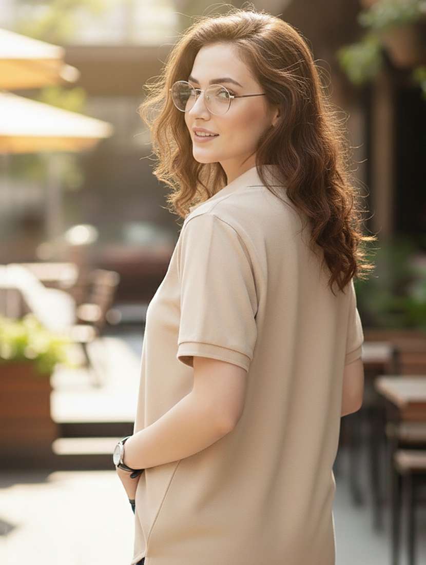 women solid short sleeve polo oversized t-shirt - 22292604 -  Standard Image - 3