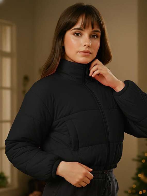 women solid stand collar long sleeve quilted jacket