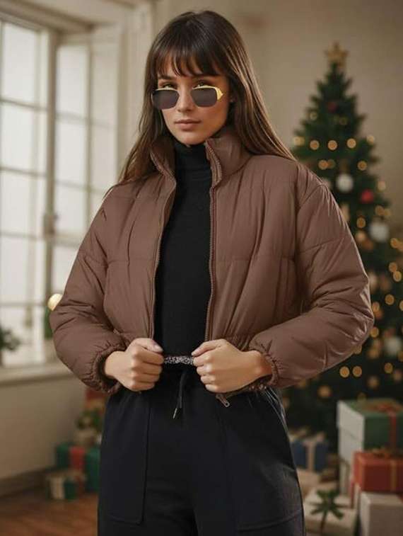 women solid stand collar long sleeve quilted jacket