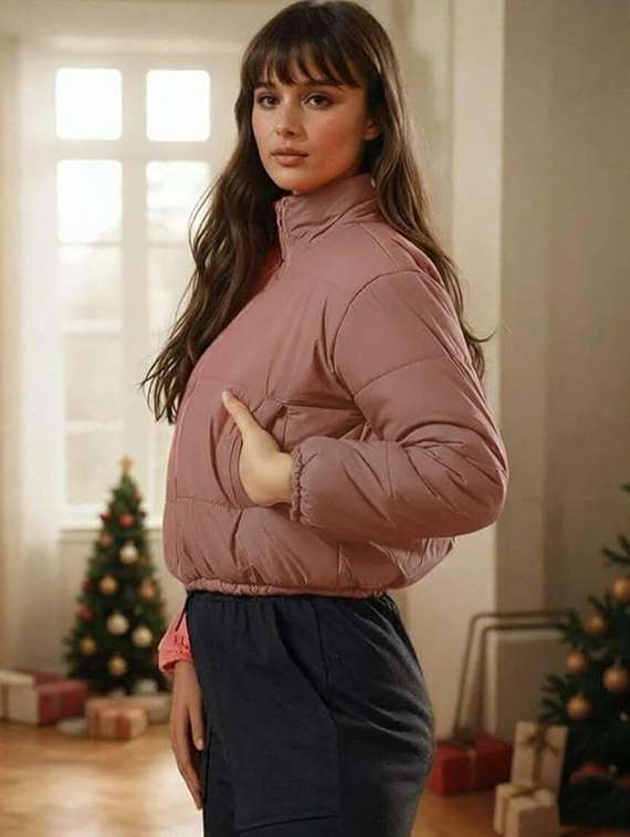 women solid stand collar long sleeve quilted jacket - 22292651 -  Standard Image - 3