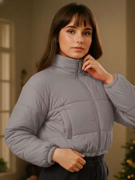 women solid stand collar long sleeve quilted jacket