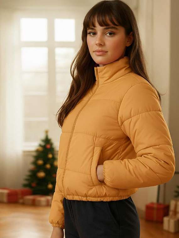 women solid stand collar long sleeve quilted jacket
