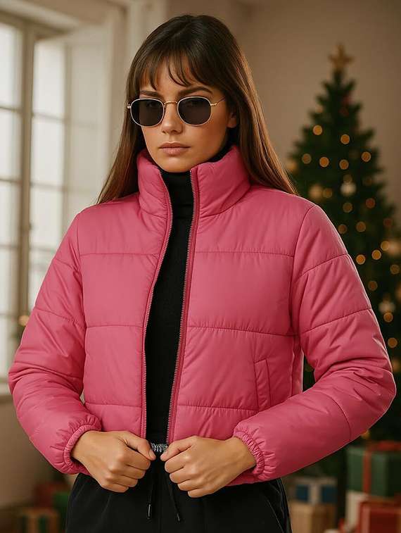 women solid stand collar long sleeve quilted jacket