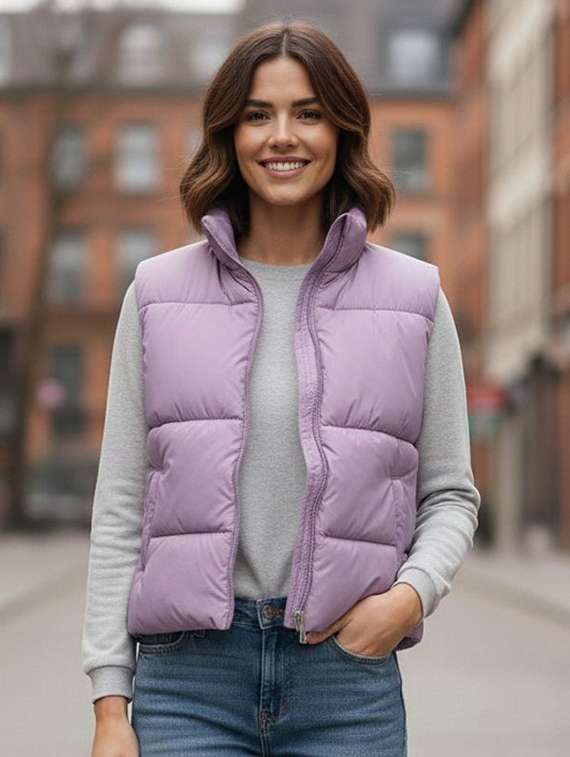 women solid stand collar sleeveless quilted jacket