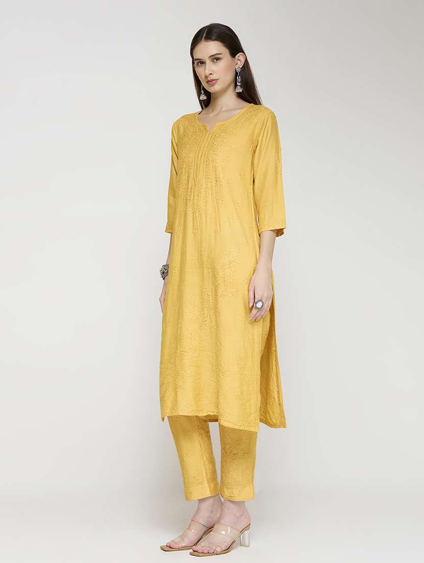 women solid with work three quarter sleeve kurta pant set - 22292668 -  Standard Image - 3