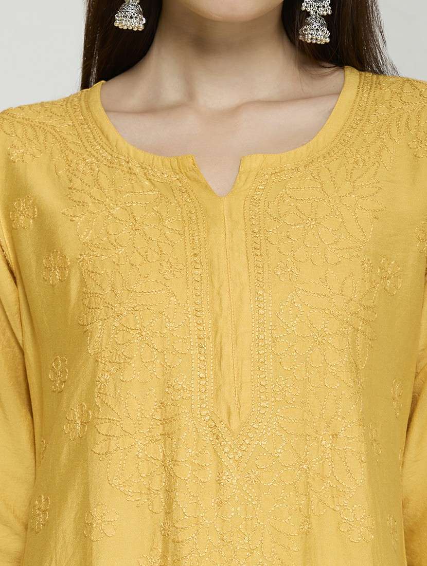 women solid with work three quarter sleeve kurta pant set - 22292668 -  Standard Image - 5