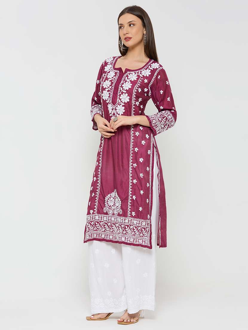 women solid with work three quarter sleeve straight kurta - 22292676 -  Standard Image - 3