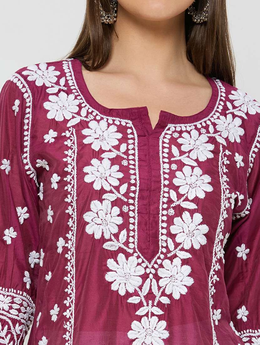 women solid with work three quarter sleeve straight kurta - 22292676 -  Standard Image - 5