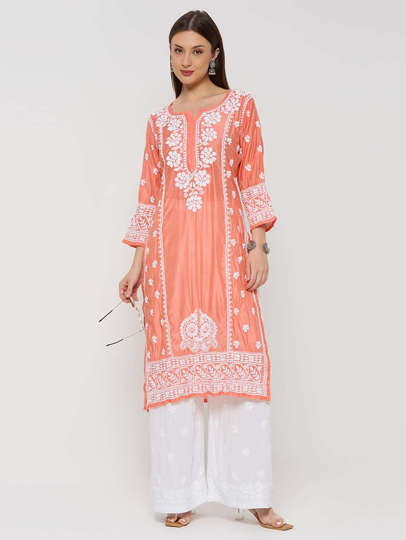 women solid with work three quarter sleeve straight kurta