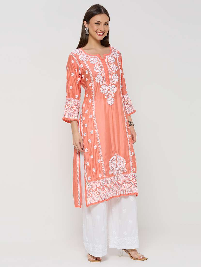 women solid with work three quarter sleeve straight kurta - 22292677 -  Standard Image - 3