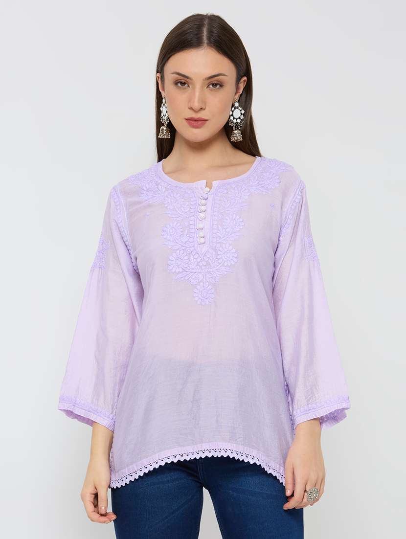 women solid with work three quarter sleeve straight kurti