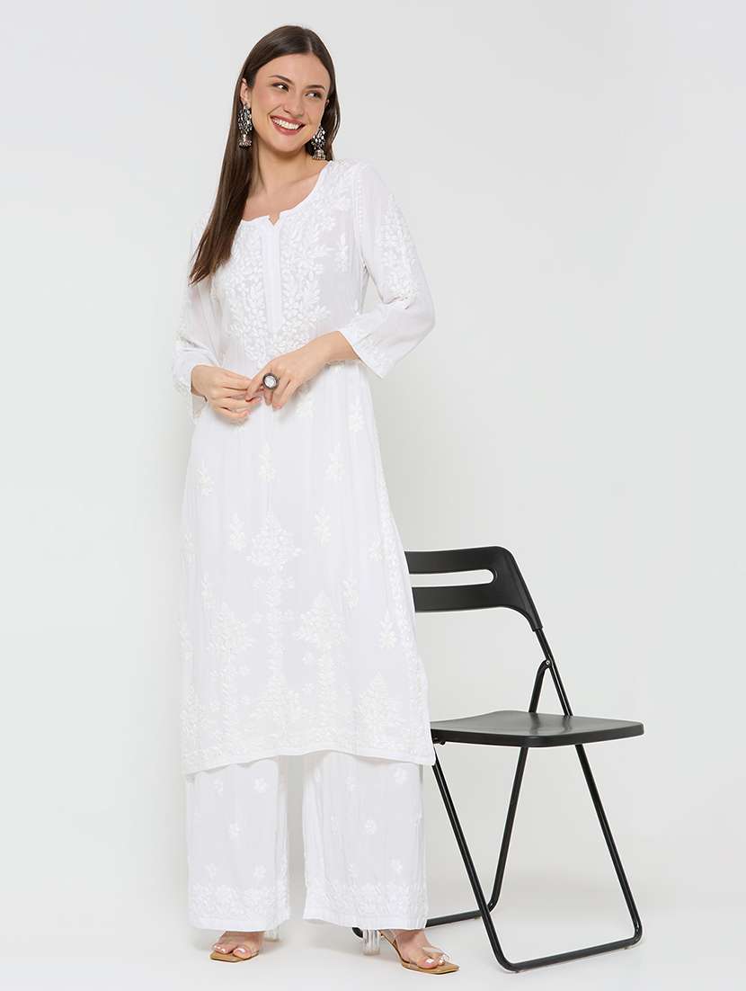 women solid with work three quarter sleeve straight kurta