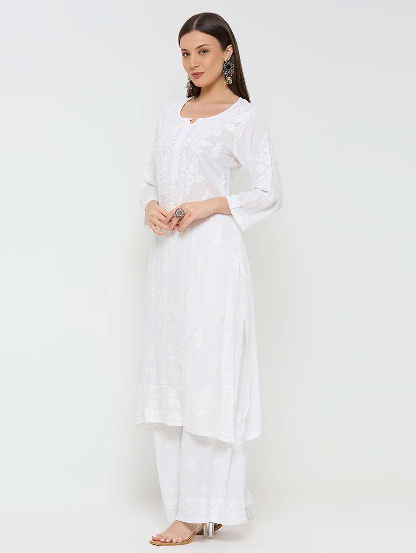 women solid with work three quarter sleeve straight kurta - 22292681 -  Standard Image - 3