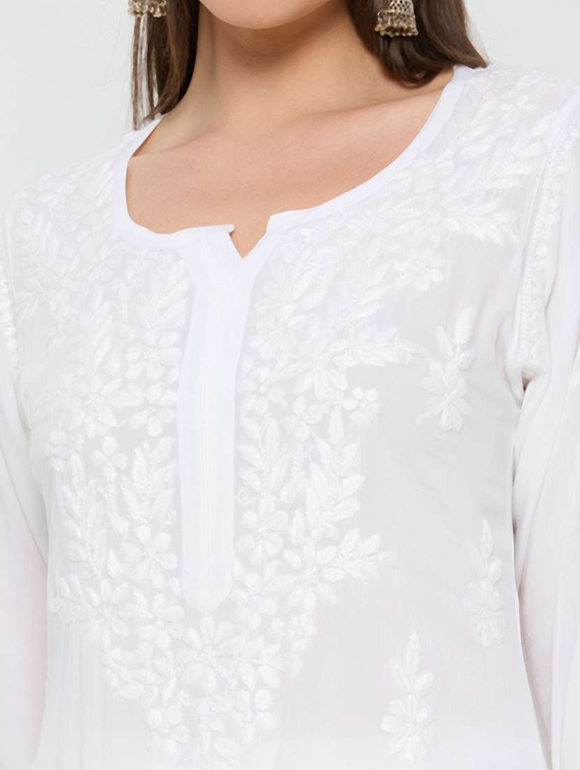 women solid with work three quarter sleeve straight kurta - 22292681 -  Standard Image - 5