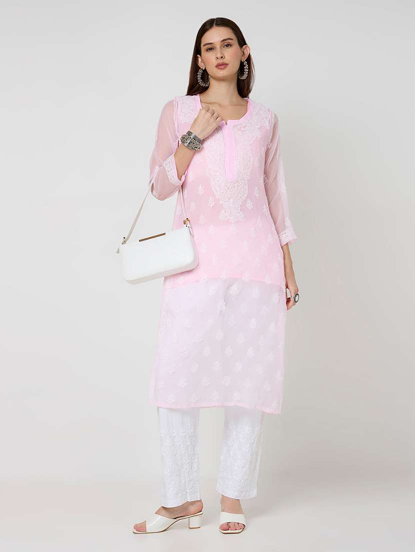 women solid with work three quarter sleeve straight kurta