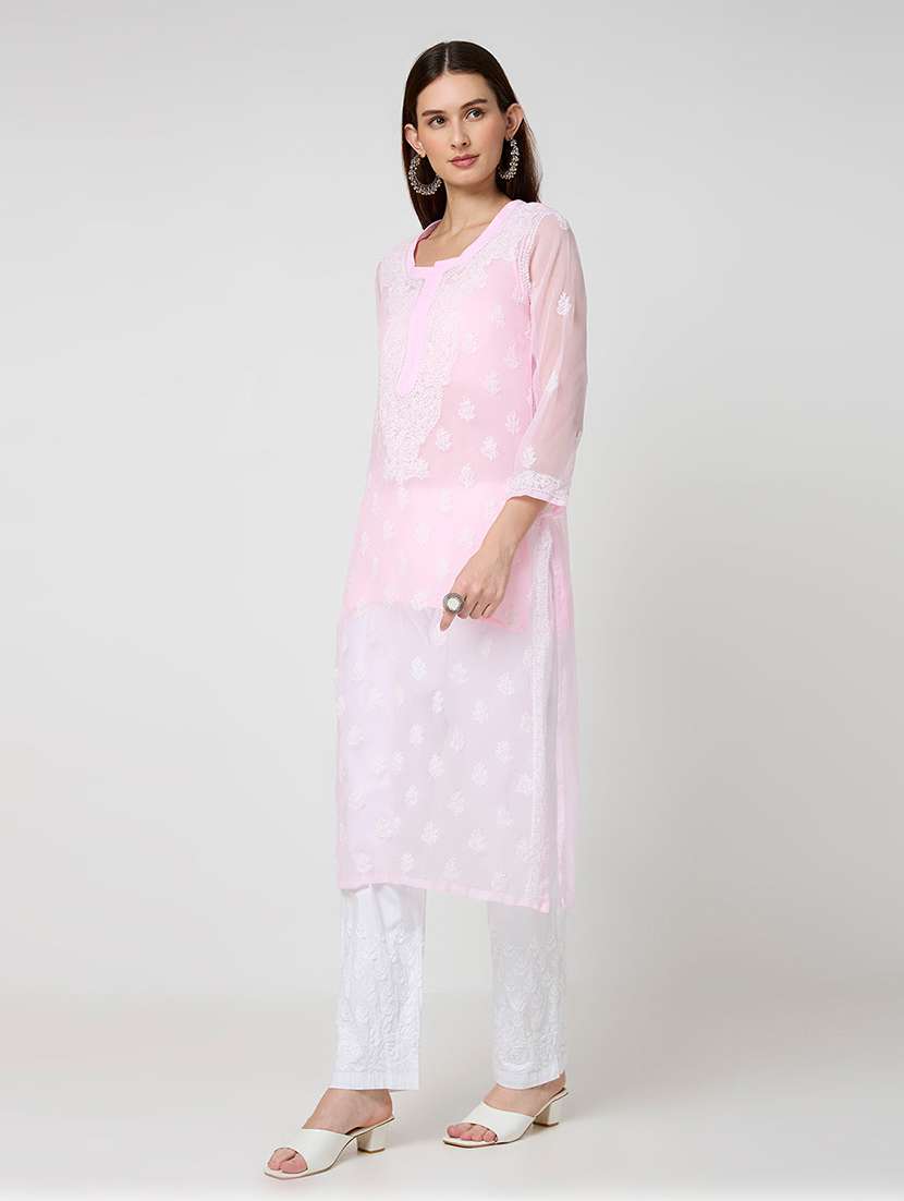 women solid with work three quarter sleeve straight kurta - 22292682 -  Standard Image - 3