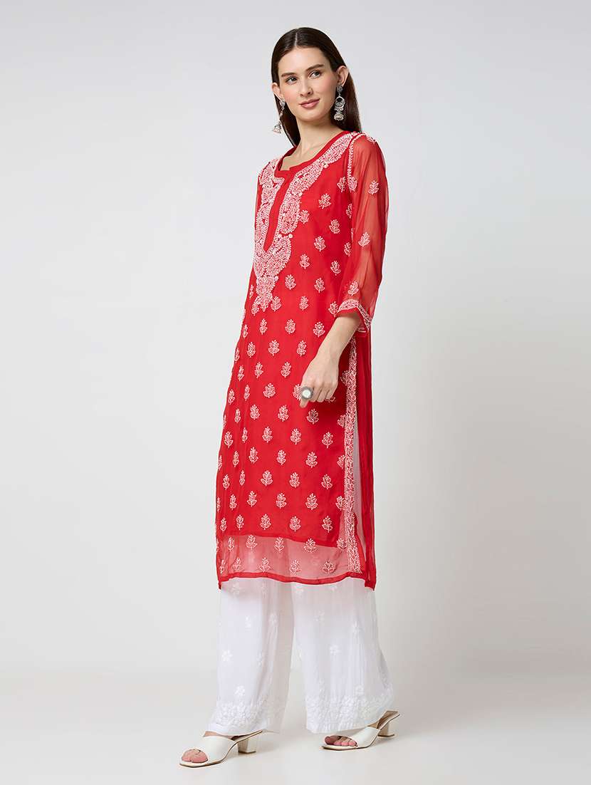 women solid with work three quarter sleeve straight kurta - 22292683 -  Standard Image - 3