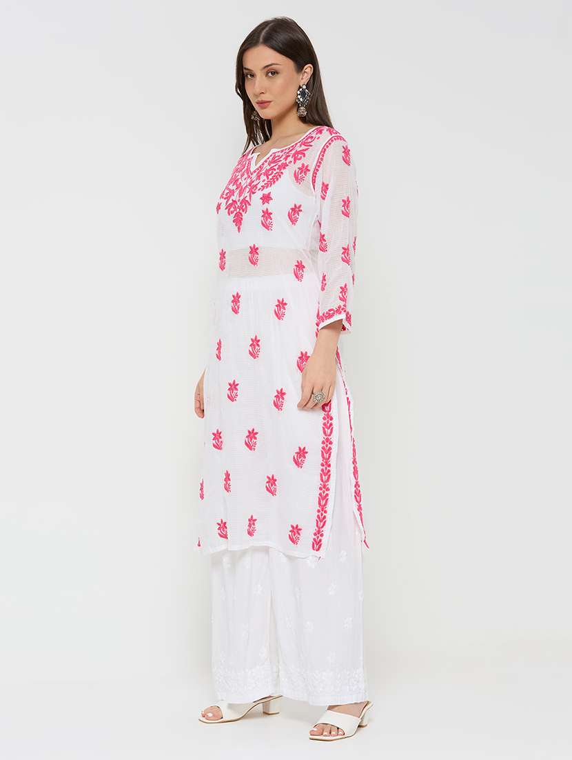 women solid with work three quarter sleeve straight kurta - 22292684 -  Standard Image - 3