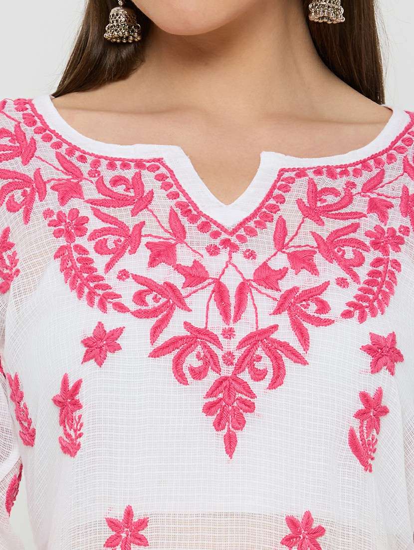 women solid with work three quarter sleeve straight kurta - 22292684 -  Standard Image - 5