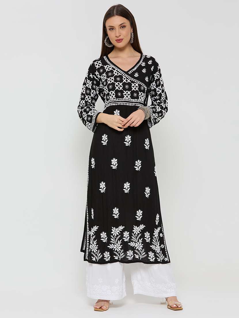 women solid with work long sleeve straight kurta
