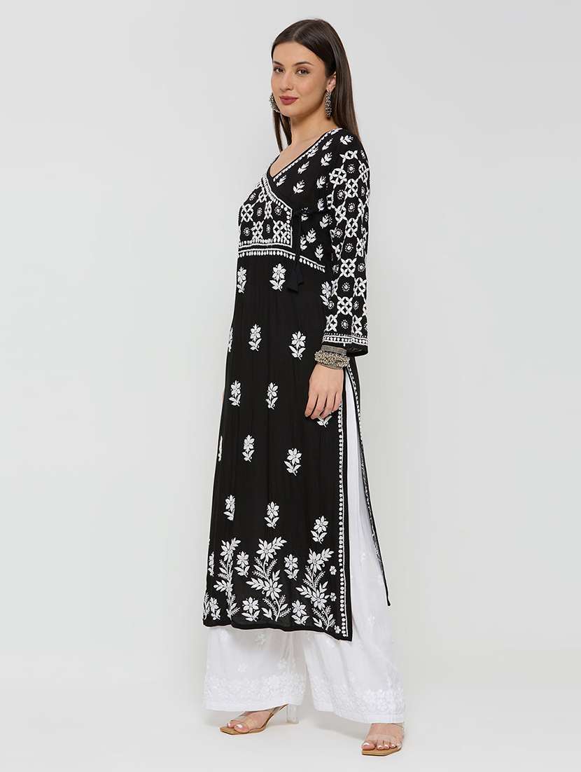 women solid with work long sleeve straight kurta - 22292685 -  Standard Image - 3