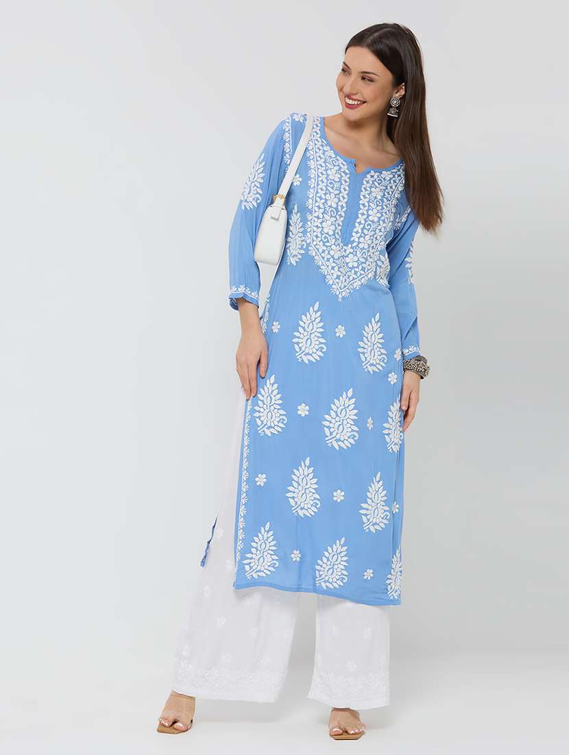 women solid with work long sleeve straight kurta