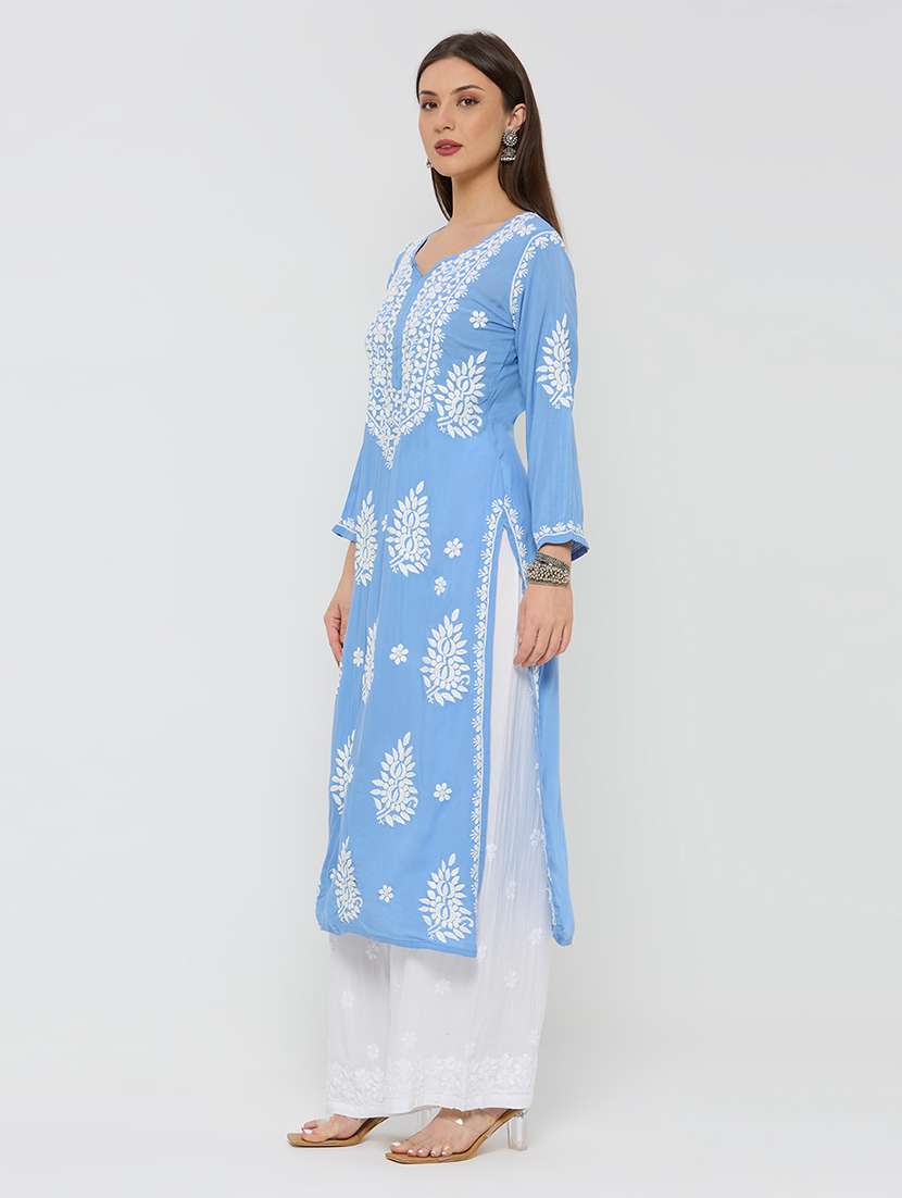 women solid with work long sleeve straight kurta - 22292686 -  Standard Image - 3