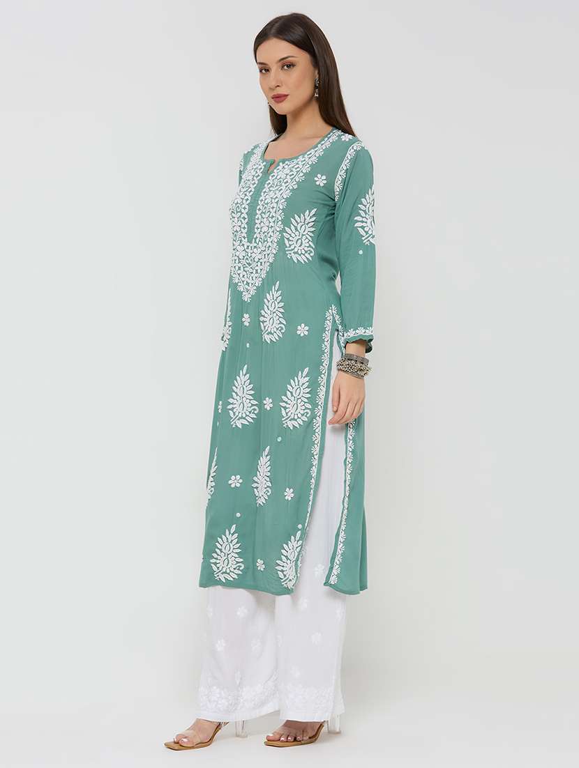 women solid with work long sleeve straight kurta - 22292687 -  Standard Image - 3
