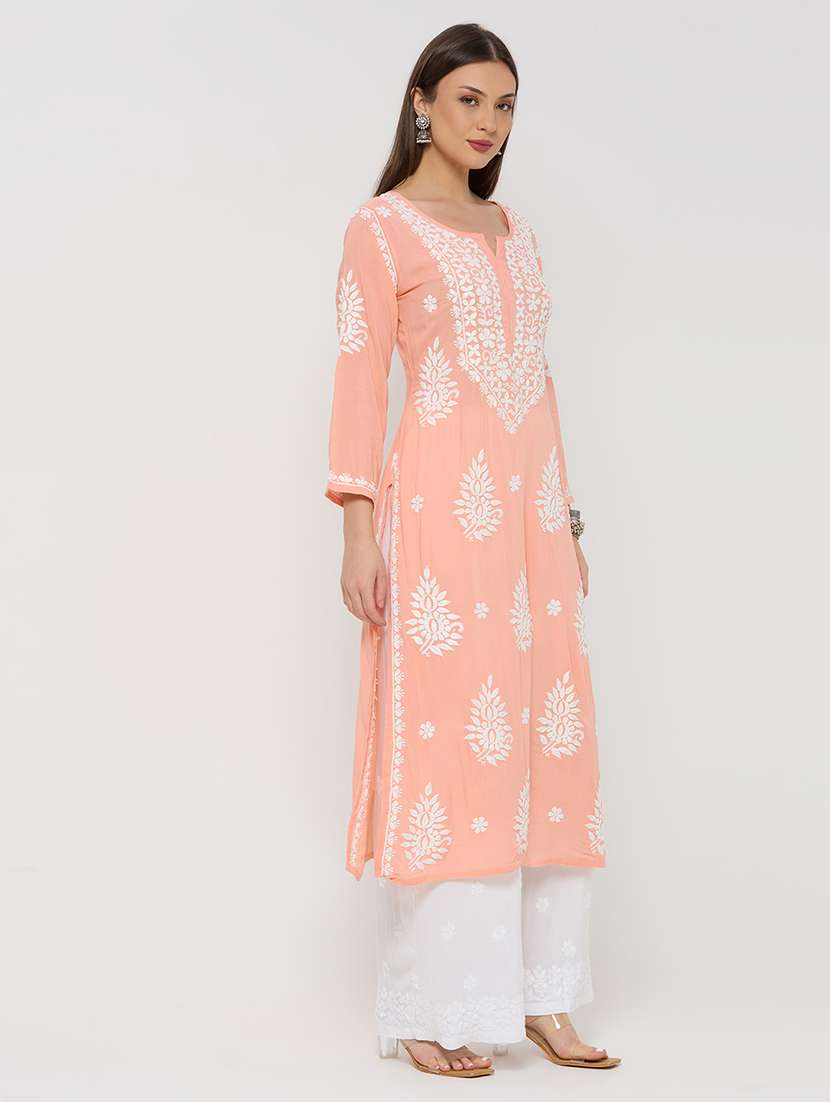 women solid with work long sleeve straight kurta - 22292688 -  Standard Image - 3