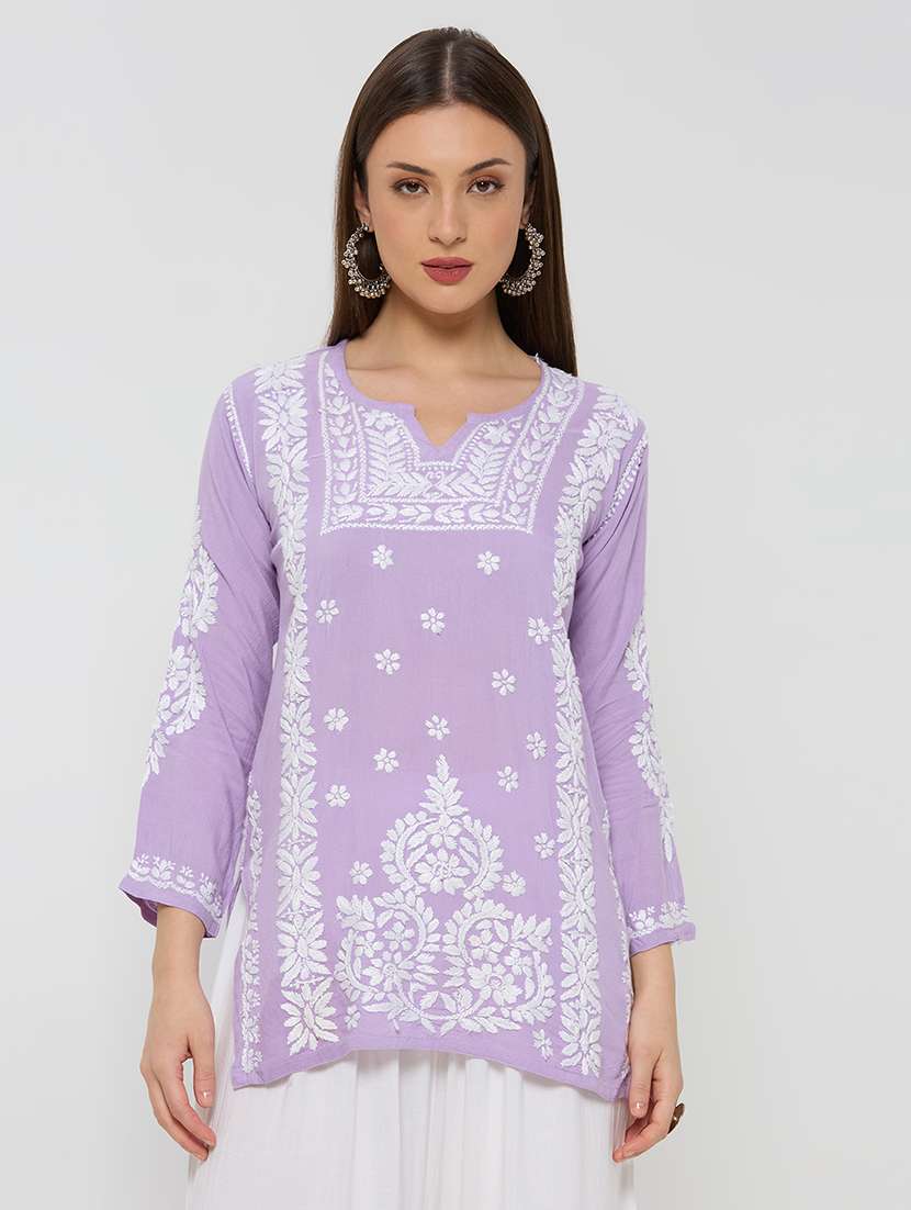 women solid with work three quarter sleeve straight kurti