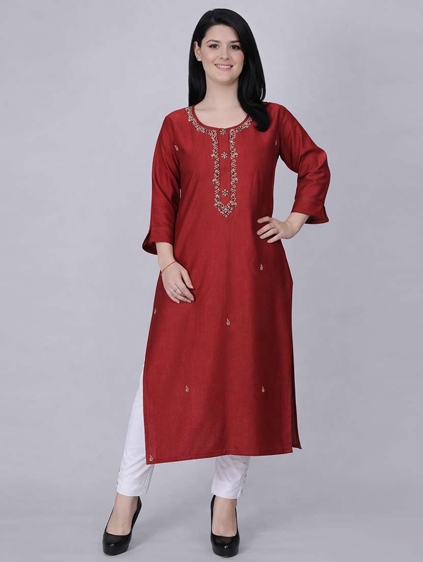 women solid with work three quarter sleeve straight kurta