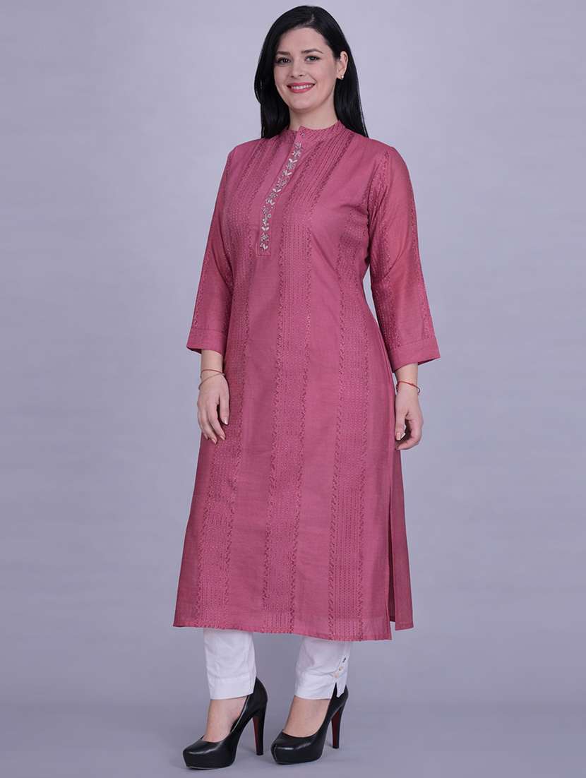 women solid with work three quarter sleeve straight kurta - 22292695 -  Standard Image - 3