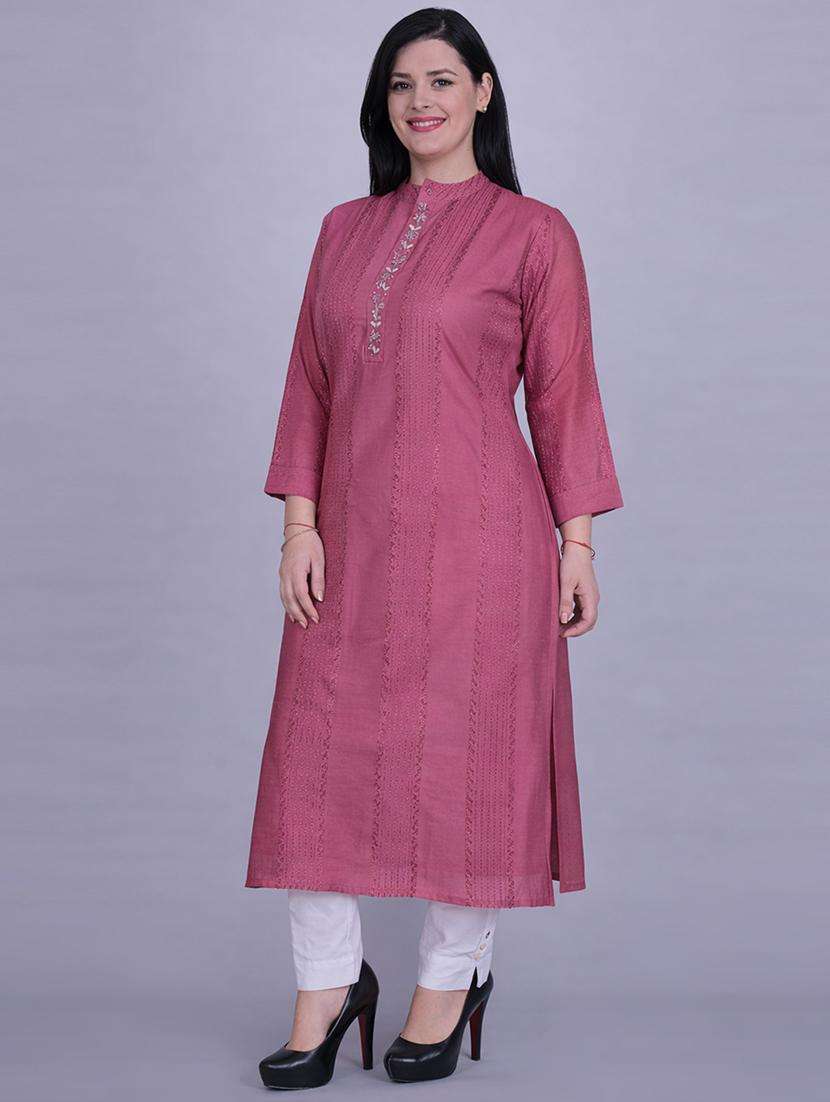 women solid with work three quarter sleeve straight kurta - 22292695 -  Standard Image - 3