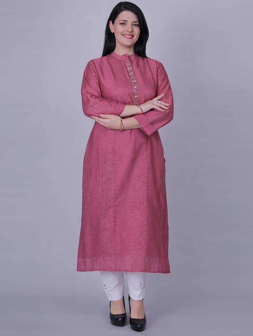 women solid with work three quarter sleeve straight kurta - 22292695 -  Standard Image - 5