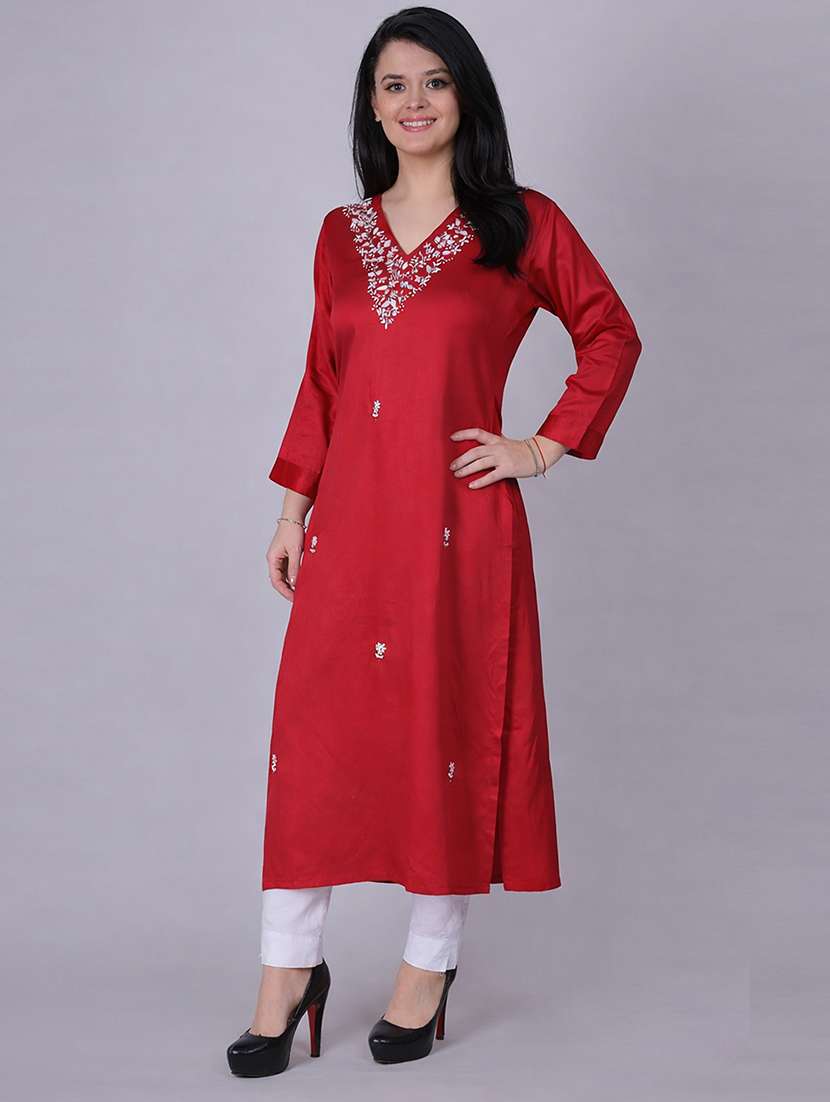 women solid with work three quarter sleeve straight kurta